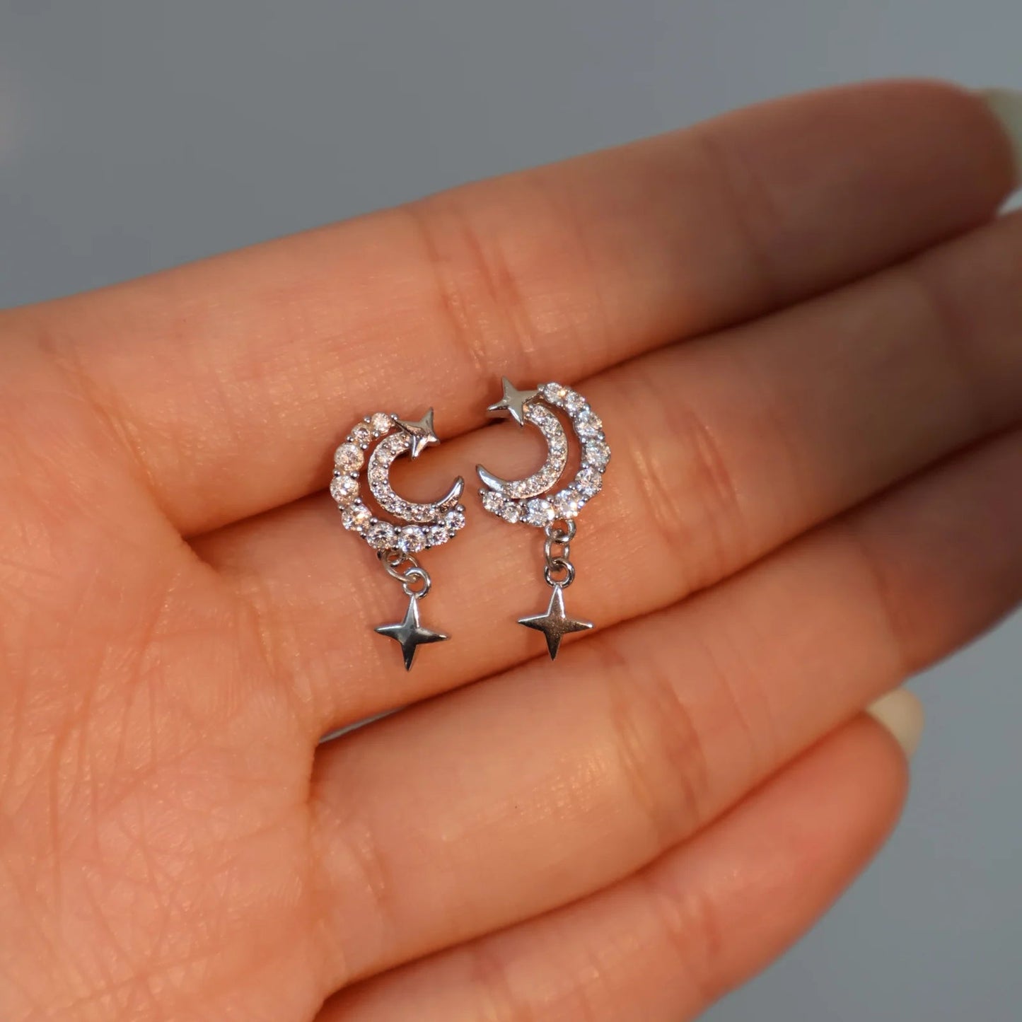 925 Sterling Silver Diamanté Moon & Star Earrings