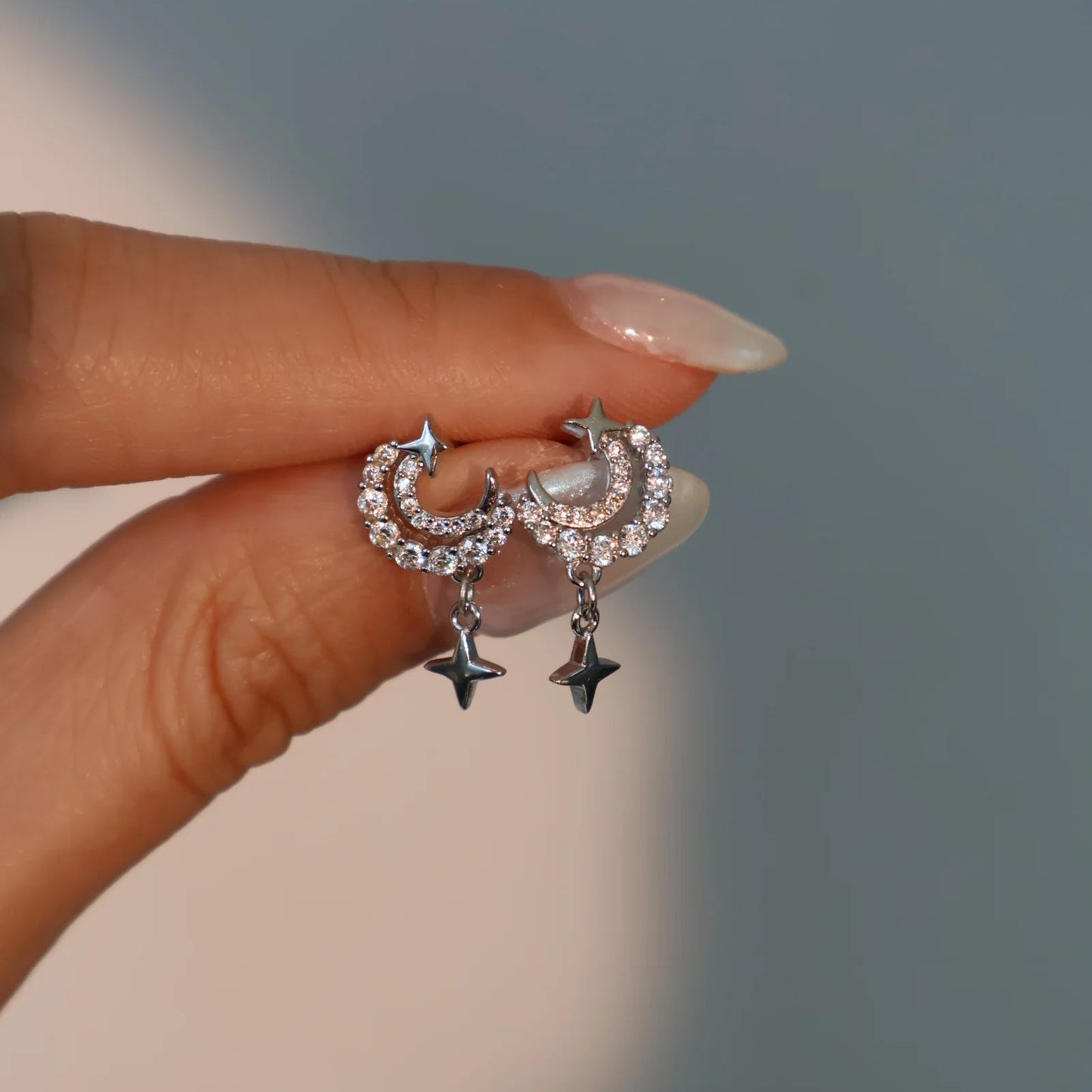 925 Sterling Silver Diamanté Moon & Star Earrings