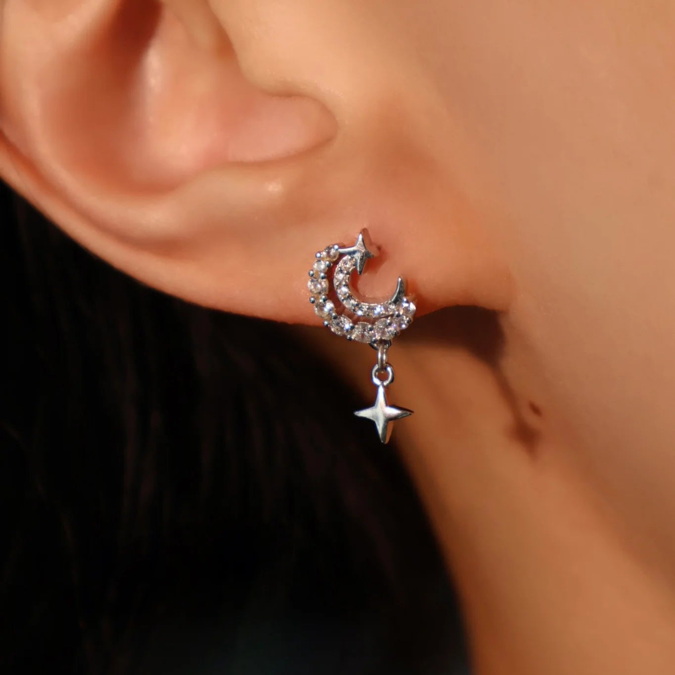 925 Sterling Silver Diamanté Moon & Star Earrings