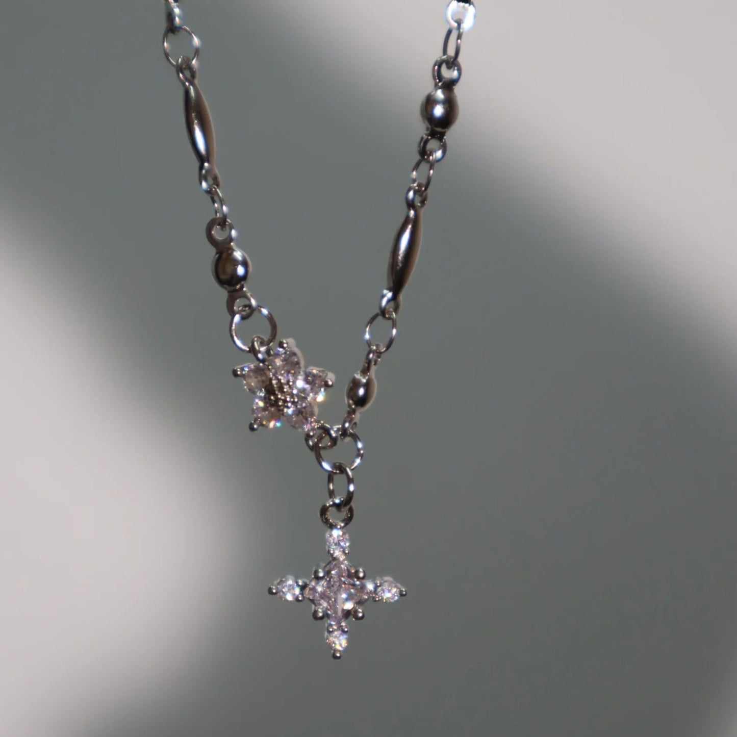 Silver Diamond Cross & Flower Charm Necklace