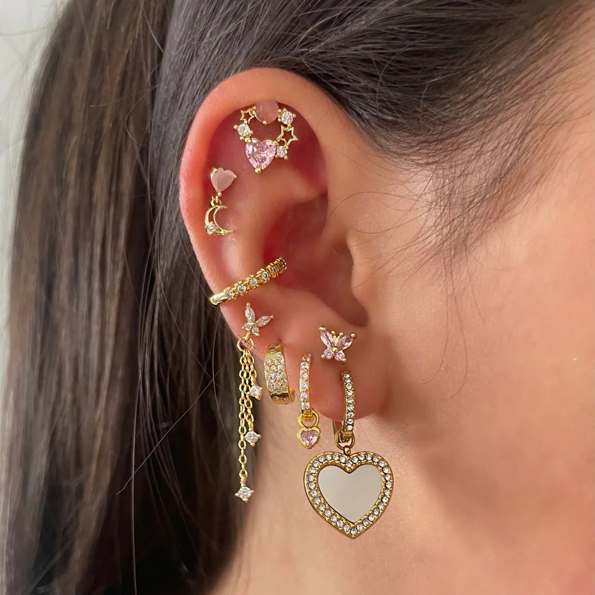 Gold Baby Pink Crystal Heart Earrings