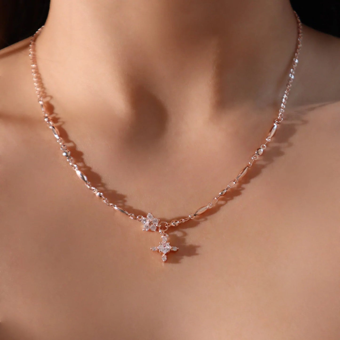 Rose Gold Diamond Cross & Flower Charm Necklace