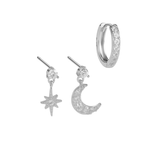 Silver Moon & Star Earring Trio