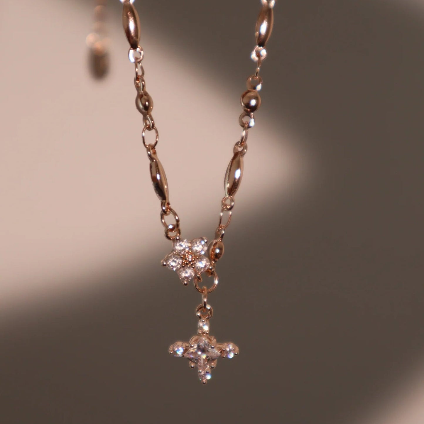 Rose Gold Diamond Cross & Flower Charm Necklace