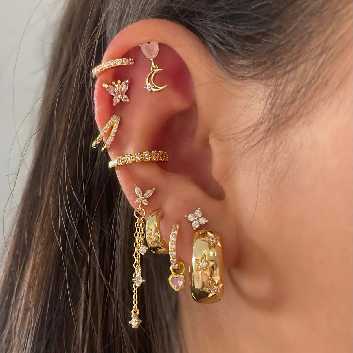 Gold Baby Pink Crystal Heart Earrings