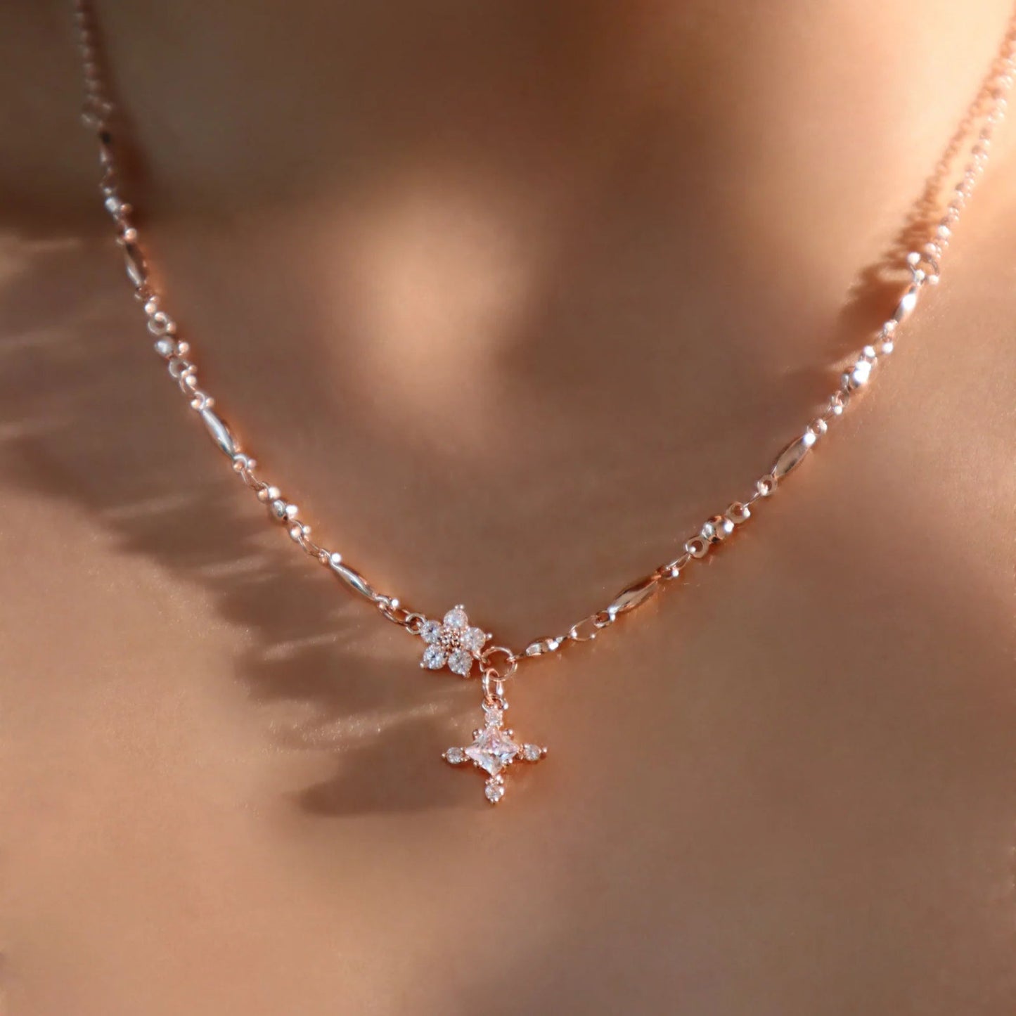 Rose Gold Diamond Cross & Flower Charm Necklace