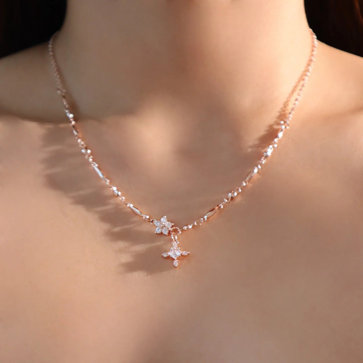 Rose Gold Diamond Cross & Flower Charm Necklace