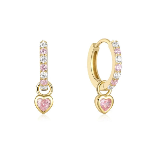 Gold Baby Pink Crystal Heart Earrings