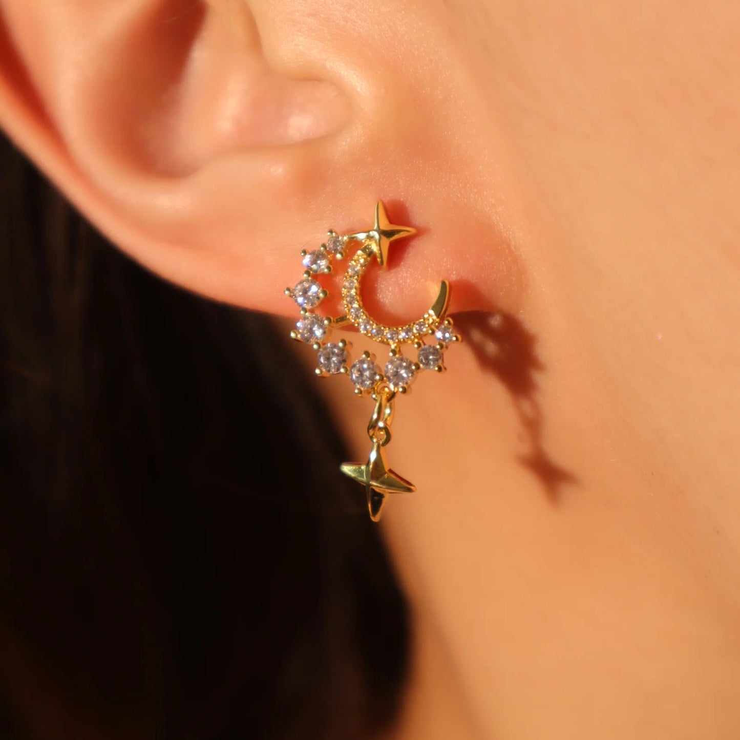 18K Gold Plated Diamanté Moon & Star Earrings