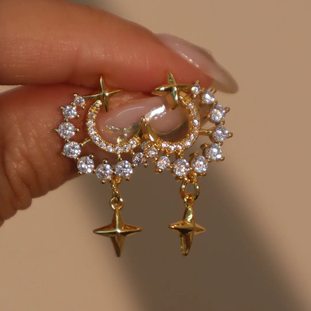 18K Gold Plated Diamanté Moon & Star Earrings