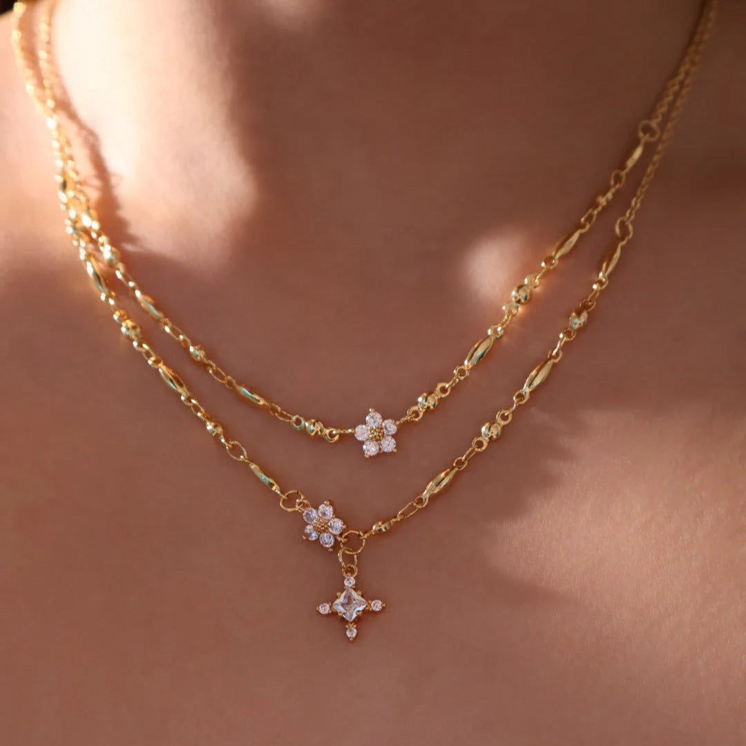 Gold Diamond Cross & Flower Charm Necklace