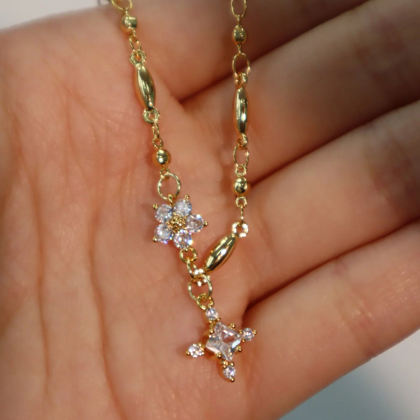 Gold Diamond Cross & Flower Charm Necklace