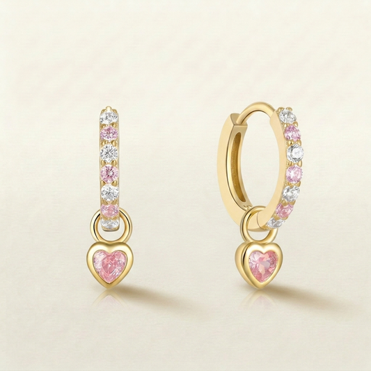 Gold Baby Pink Crystal Heart Earrings